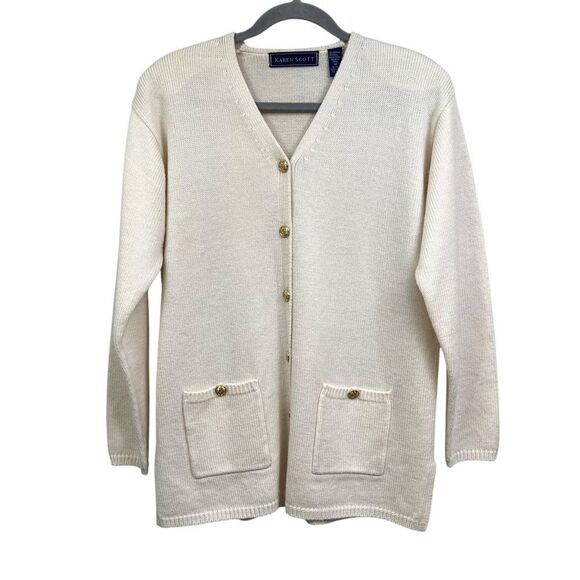Karen Scott Womens Wool Blend Cardigan Sweater Gold Buttons Pockets Cream Sz M - Picture 1 of 5